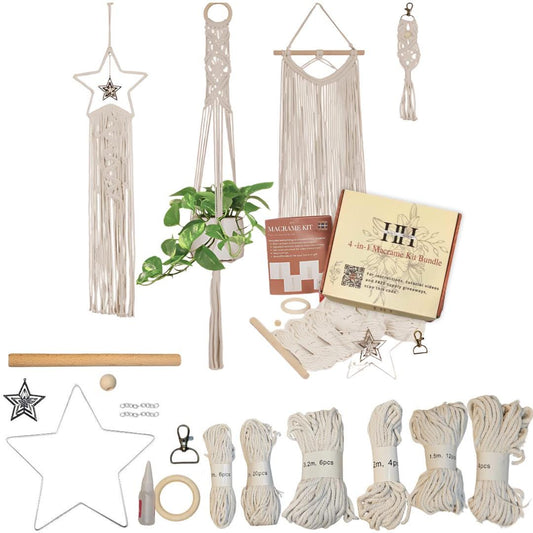 Macrame Kit for Beginners | 4-in-1 Macrame | Macrame Wall Decor w/ Cord, Beads & Wooden Rings | Macrame Plant Hanger Kit | Macrame Supplies