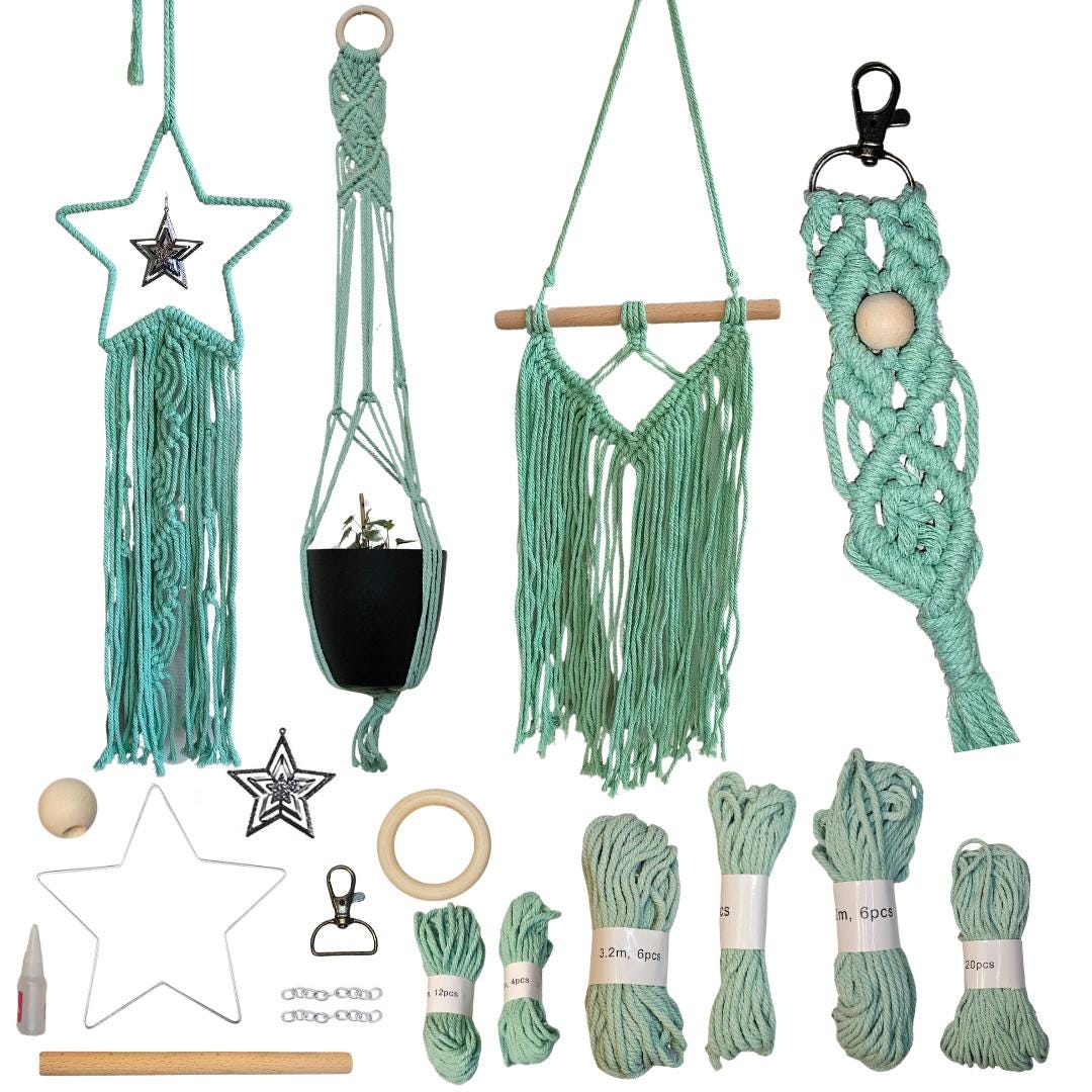 Macrame Kit for Beginners | 4-in-1 Macrame | Macrame Wall Decor w/ Cord, Beads & Wooden Rings | Macrame Plant Hanger Kit | Macrame Supplies
