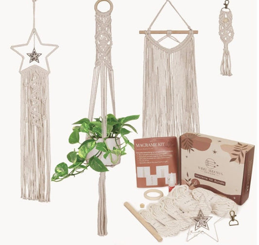 Macrame Kit for Beginners | 4-in-1 Macrame | Macrame Wall Decor w/ Cord, Beads & Wooden Rings | Macrame Plant Hanger Kit | Macrame Supplies
