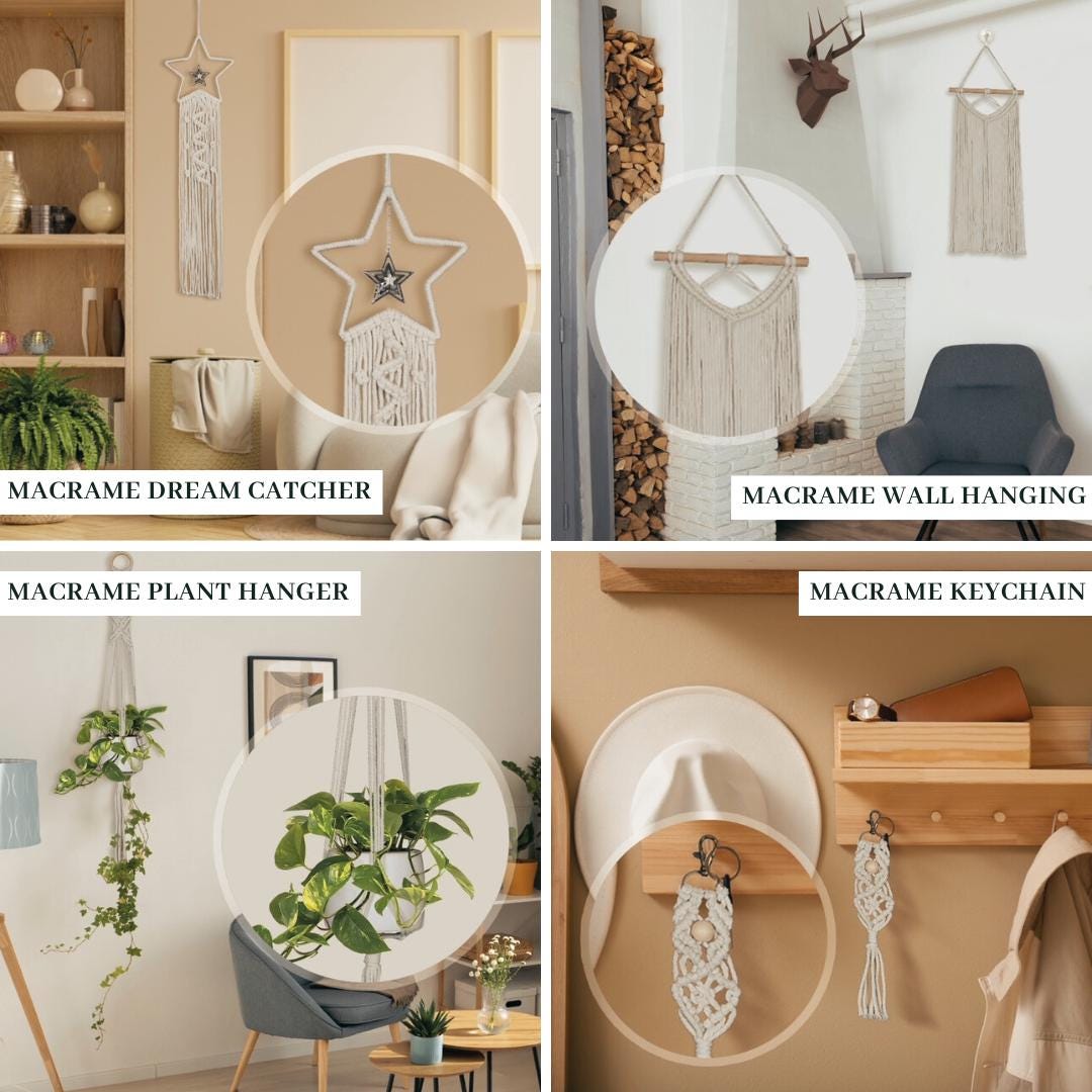 Macrame Kit for Beginners | 4-in-1 Macrame | Macrame Wall Decor w/ Cord, Beads & Wooden Rings | Macrame Plant Hanger Kit | Macrame Supplies