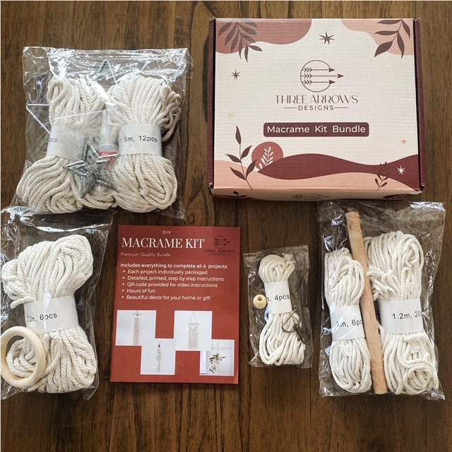 Macrame Kit for Beginners | 4-in-1 Macrame | Macrame Wall Decor w/ Cord, Beads & Wooden Rings | Macrame Plant Hanger Kit | Macrame Supplies