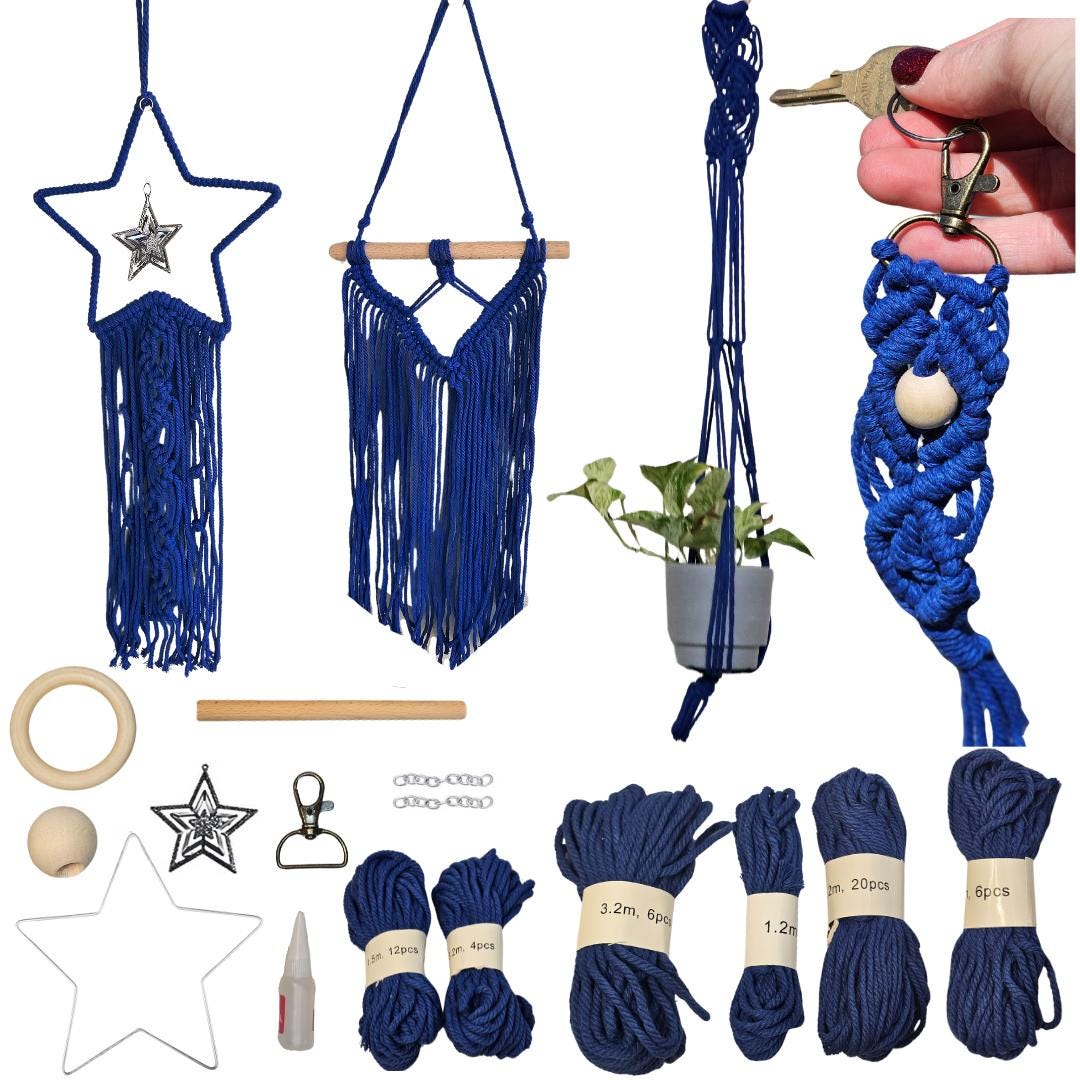Macrame Kit for Beginners | 4-in-1 Macrame | Macrame Wall Decor w/ Cord, Beads & Wooden Rings | Macrame Plant Hanger Kit | Macrame Supplies