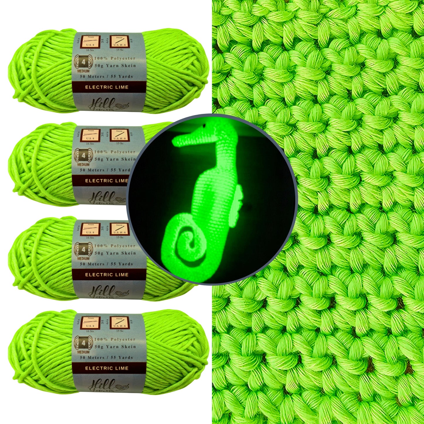 Glow in the Dark Yarn | Four Skeins 220 m | Glow in the Dark Yarn for Crochet | Glow in the Dark Yarn for Knitting